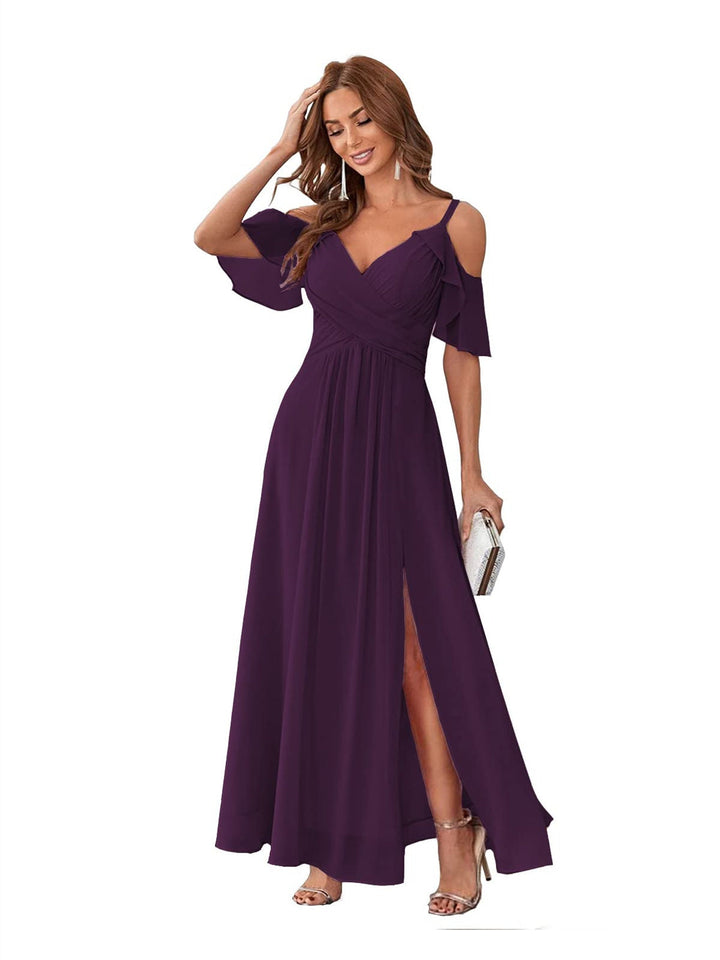 Ligne A/Princesse  Col en V Court Manche Bretelles Spaghetti Ankle  Length Robes de Demoiselle d'Honneur  Mousseline avec Froufrous Bow(s)