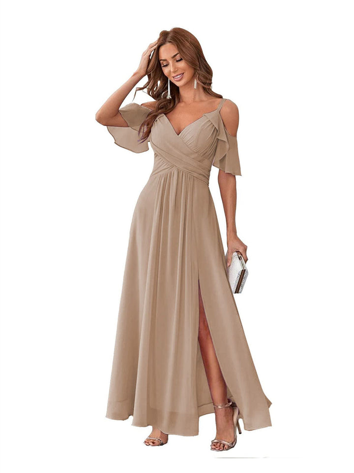 Ligne A/Princesse  Col en V Court Manche Bretelles Spaghetti Ankle  Length Robes de Demoiselle d'Honneur  Mousseline avec Froufrous Bow(s)