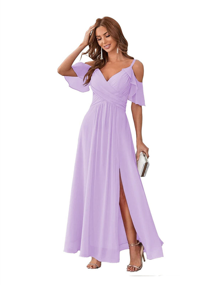 Ligne A/Princesse  Col en V Court Manche Bretelles Spaghetti Ankle  Length Robes de Demoiselle d'Honneur  Mousseline avec Froufrous Bow(s)