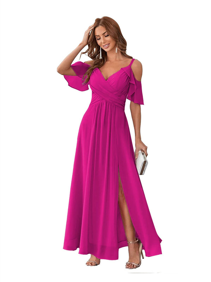 Ligne A/Princesse  Col en V Court Manche Bretelles Spaghetti Ankle  Length Robes de Demoiselle d'Honneur  Mousseline avec Froufrous Bow(s)