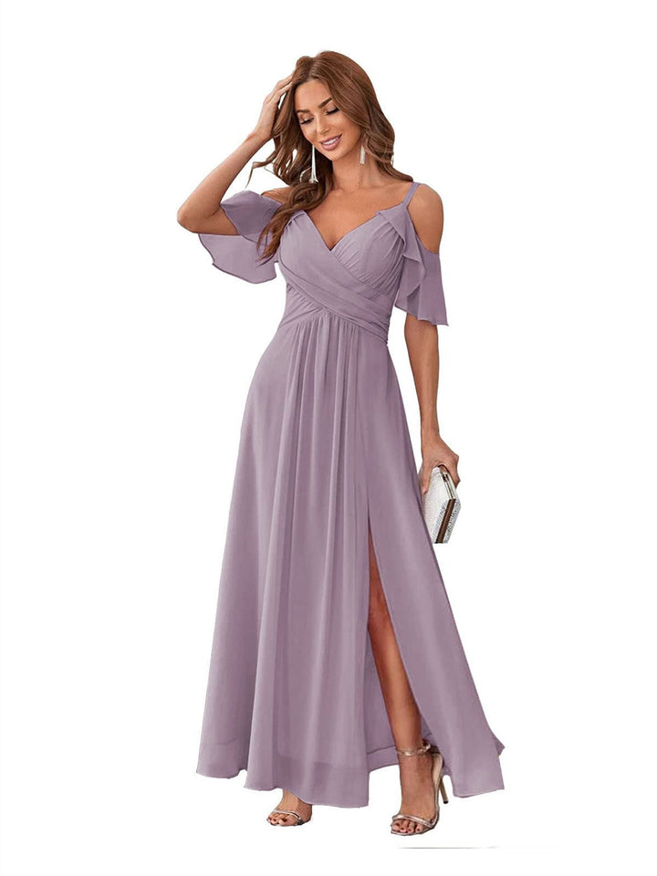 Ligne A/Princesse  Col en V Court Manche Bretelles Spaghetti Ankle  Length Robes de Demoiselle d'Honneur  Mousseline avec Froufrous Bow(s)
