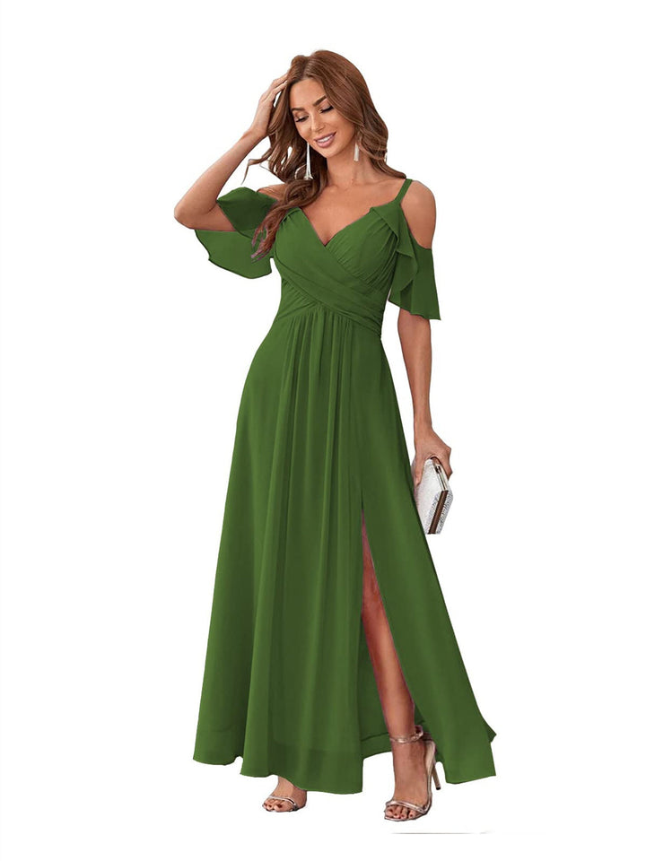Ligne A/Princesse  Col en V Court Manche Bretelles Spaghetti Ankle  Length Robes de Demoiselle d'Honneur  Mousseline avec Froufrous Bow(s)