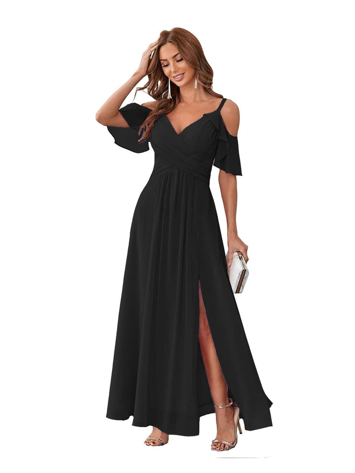 Ligne A/Princesse  Col en V Court Manche Bretelles Spaghetti Ankle  Length Robes de Demoiselle d'Honneur  Mousseline avec Froufrous Bow(s)