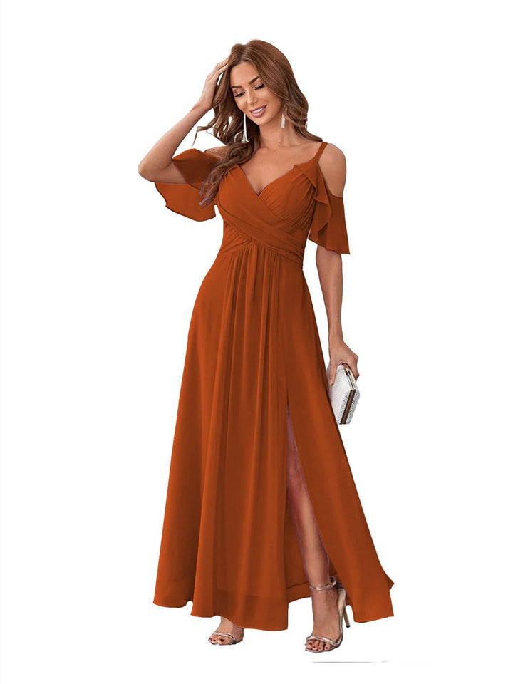 Ligne A/Princesse  Col en V Court Manche Bretelles Spaghetti Ankle  Length Robes de Demoiselle d'Honneur  Mousseline avec Froufrous Bow(s)