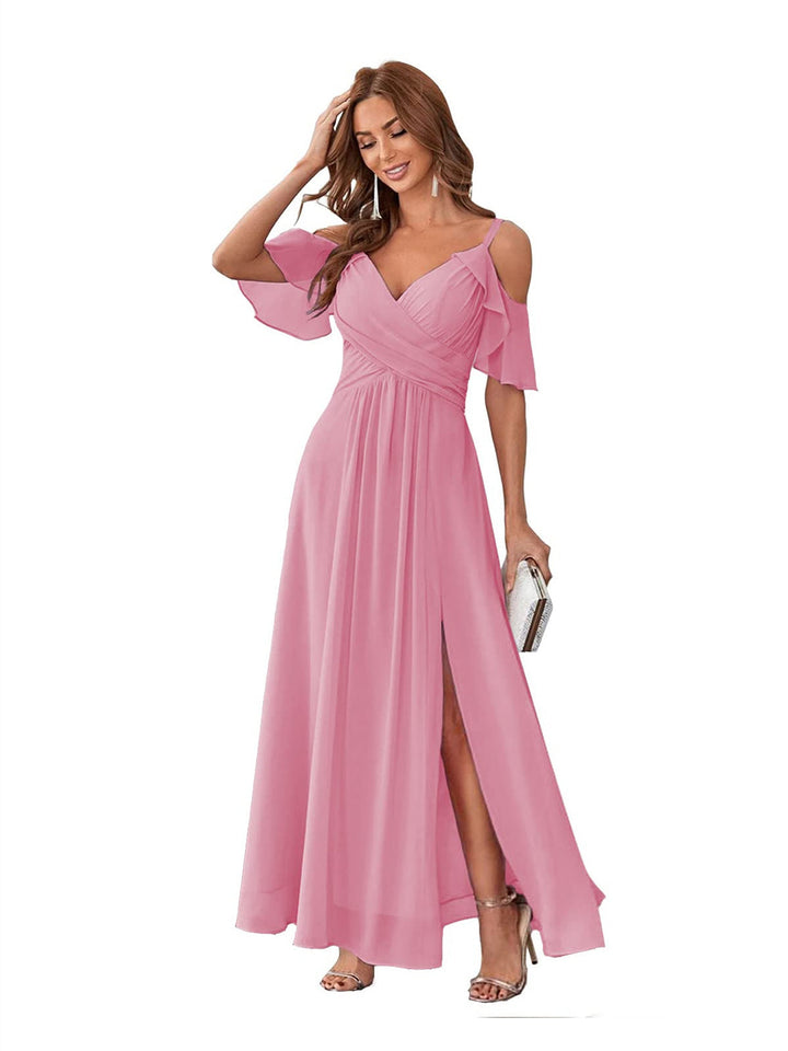 Ligne A/Princesse  Col en V Court Manche Bretelles Spaghetti Ankle  Length Robes de Demoiselle d'Honneur  Mousseline avec Froufrous Bow(s)