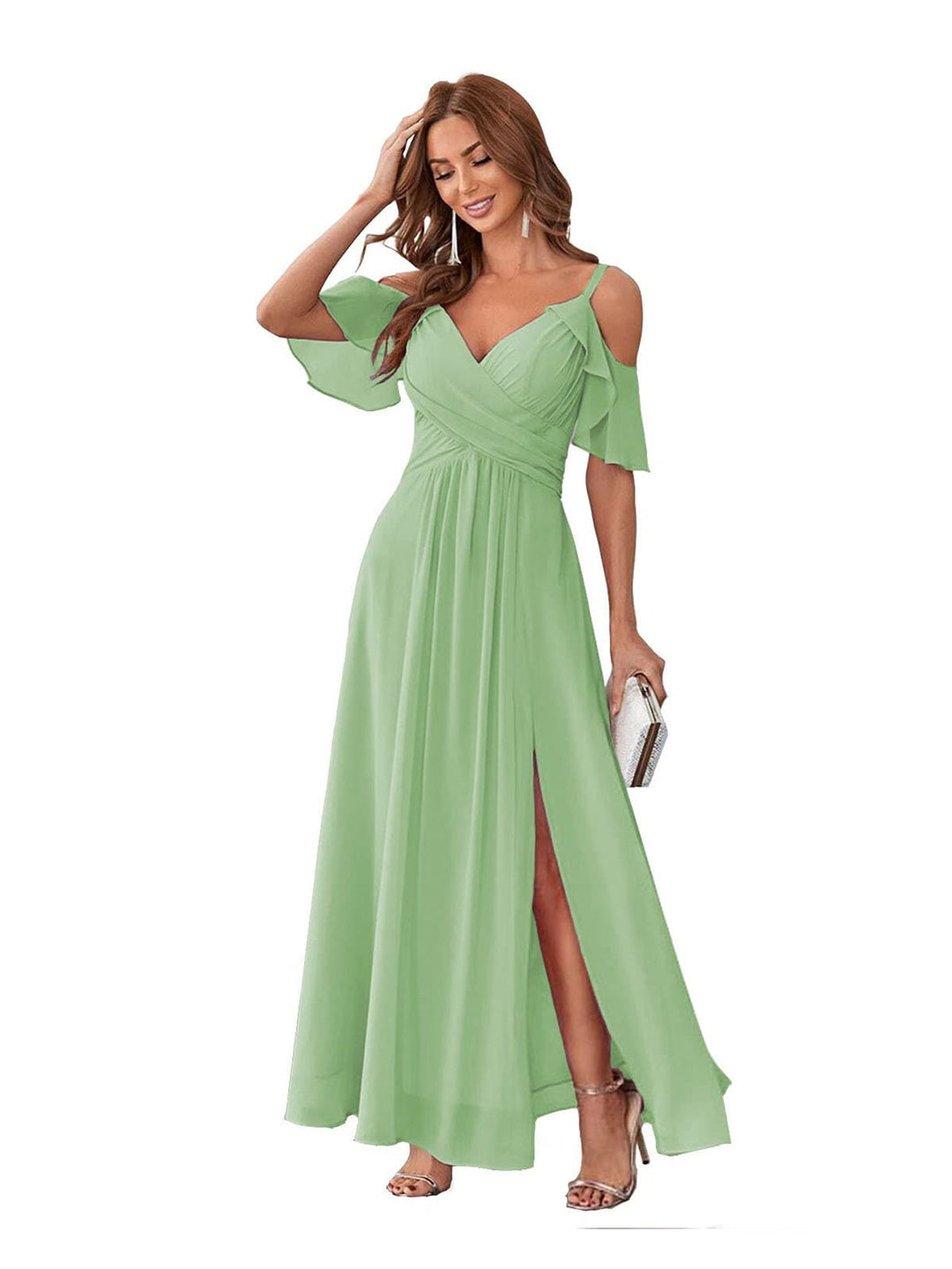 Ligne A/Princesse  Col en V Court Manche Bretelles Spaghetti Ankle  Length Robes de Demoiselle d'Honneur  Mousseline avec Froufrous Bow(s)