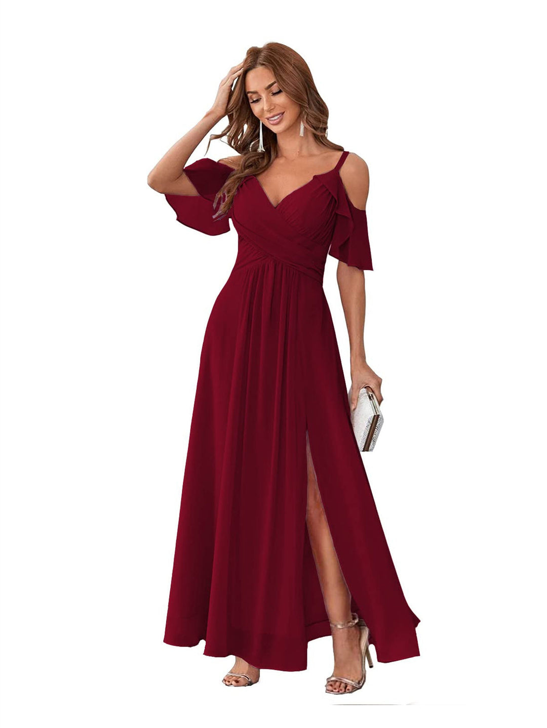 Ligne A/Princesse  Col en V Court Manche Bretelles Spaghetti Ankle  Length Robes de Demoiselle d'Honneur  Mousseline avec Froufrous Bow(s)