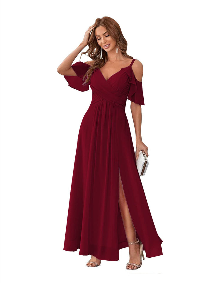 Ligne A/Princesse  Col en V Court Manche Bretelles Spaghetti Ankle  Length Robes de Demoiselle d'Honneur  Mousseline avec Froufrous Bow(s)