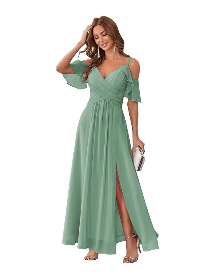 Ligne A/Princesse  Col en V Court Manche Bretelles Spaghetti Ankle  Length Robes de Demoiselle d'Honneur  Mousseline avec Froufrous Bow(s)