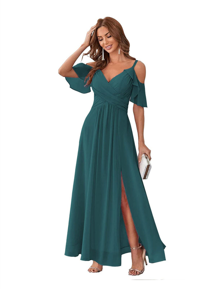 Ligne A/Princesse  Col en V Court Manche Bretelles Spaghetti Ankle  Length Robes de Demoiselle d'Honneur  Mousseline avec Froufrous Bow(s)