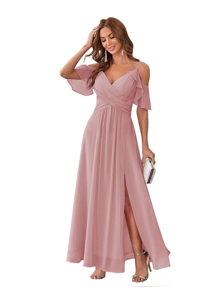 Ligne A/Princesse  Col en V Court Manche Bretelles Spaghetti Ankle  Length Robes de Demoiselle d'Honneur  Mousseline avec Froufrous Bow(s)