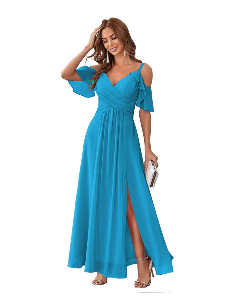 Ligne A/Princesse  Col en V Court Manche Bretelles Spaghetti Ankle  Length Robes de Demoiselle d'Honneur  Mousseline avec Froufrous Bow(s)