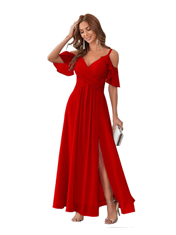 Ligne A/Princesse  Col en V Court Manche Bretelles Spaghetti Ankle  Length Robes de Demoiselle d'Honneur  Mousseline avec Froufrous Bow(s)