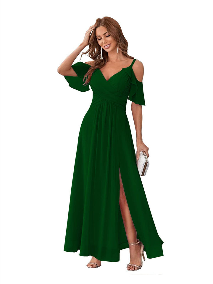 Ligne A/Princesse  Col en V Court Manche Bretelles Spaghetti Ankle  Length Robes de Demoiselle d'Honneur  Mousseline avec Froufrous Bow(s)