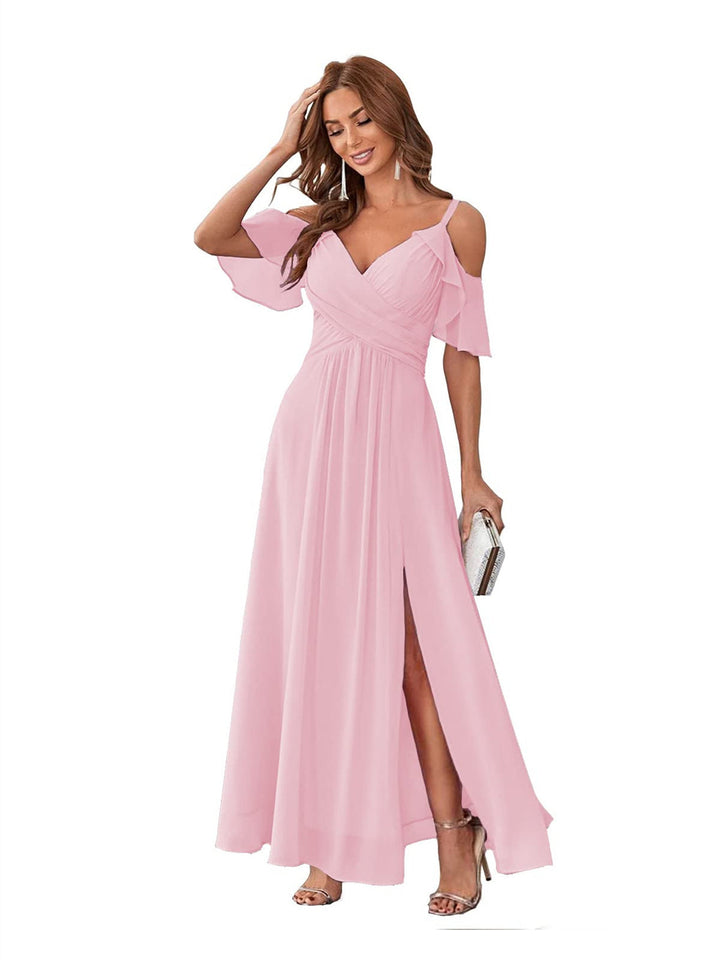 Ligne A/Princesse  Col en V Court Manche Bretelles Spaghetti Ankle  Length Robes de Demoiselle d'Honneur  Mousseline avec Froufrous Bow(s)