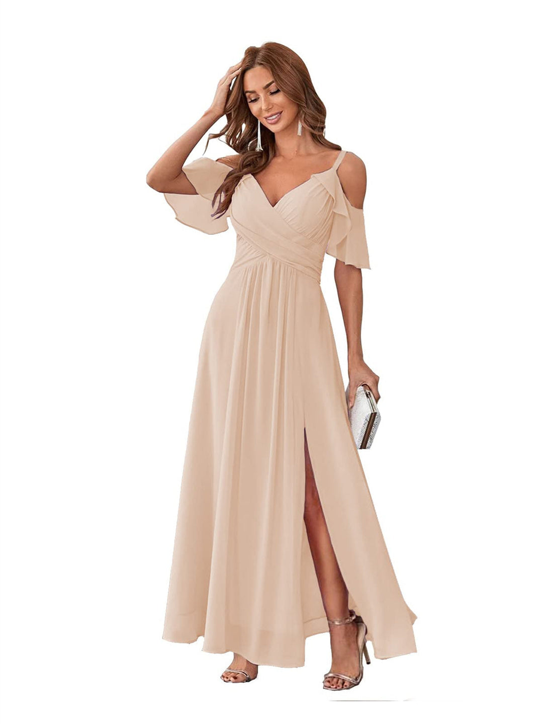 Ligne A/Princesse  Col en V Court Manche Bretelles Spaghetti Ankle  Length Robes de Demoiselle d'Honneur  Mousseline avec Froufrous Bow(s)