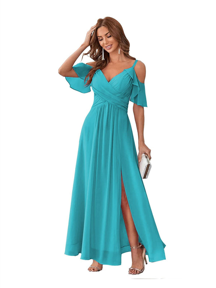 Ligne A/Princesse  Col en V Court Manche Bretelles Spaghetti Ankle  Length Robes de Demoiselle d'Honneur  Mousseline avec Froufrous Bow(s)