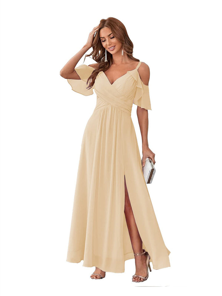 Ligne A/Princesse  Col en V Court Manche Bretelles Spaghetti Ankle  Length Robes de Demoiselle d'Honneur  Mousseline avec Froufrous Bow(s)