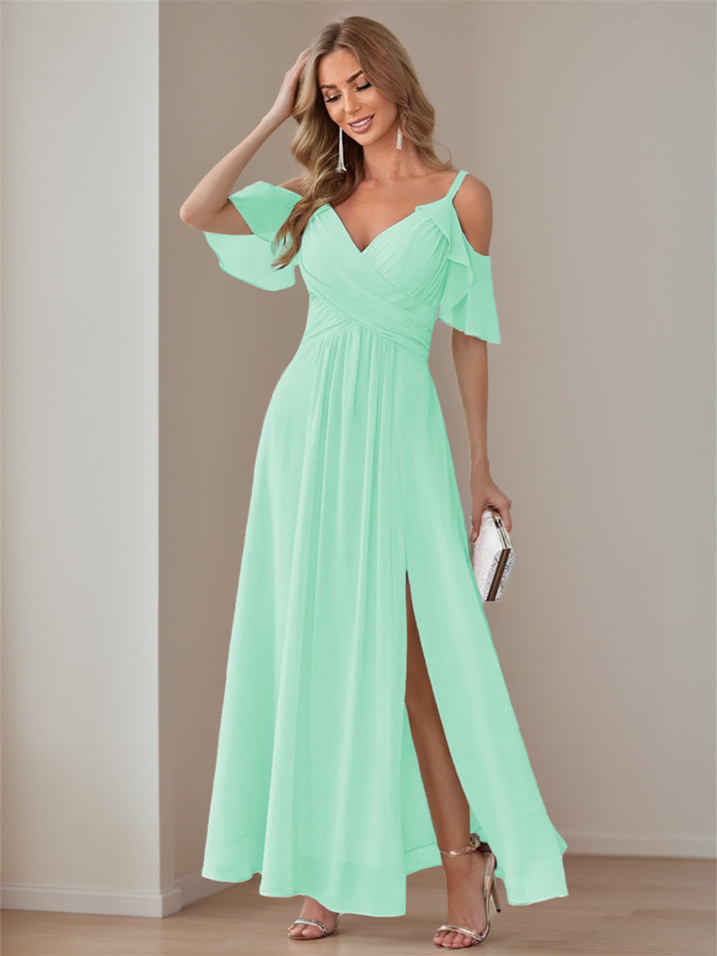 Ligne A/Princesse  Col en V Court Manche Bretelles Spaghetti Ankle  Length Robes de Demoiselle d'Honneur  Mousseline avec Froufrous Bow(s)