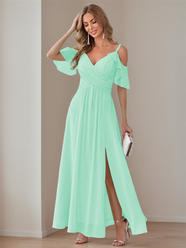 Ligne A/Princesse  Col en V Court Manche Bretelles Spaghetti Ankle  Length Robes de Demoiselle d'Honneur  Mousseline avec Froufrous Bow(s)
