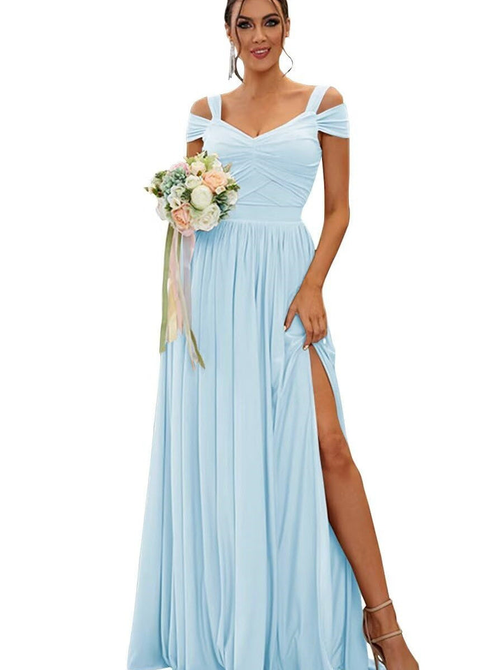 Ligne A/Princesse Hors de l'épaule Sans Manches Floor Length Robes de Demoiselle d'Honneur  Mousseline avec Froufrous
