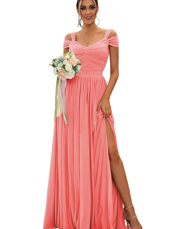 Ligne A/Princesse Hors de l'épaule Sans Manches Floor Length Robes de Demoiselle d'Honneur  Mousseline avec Froufrous