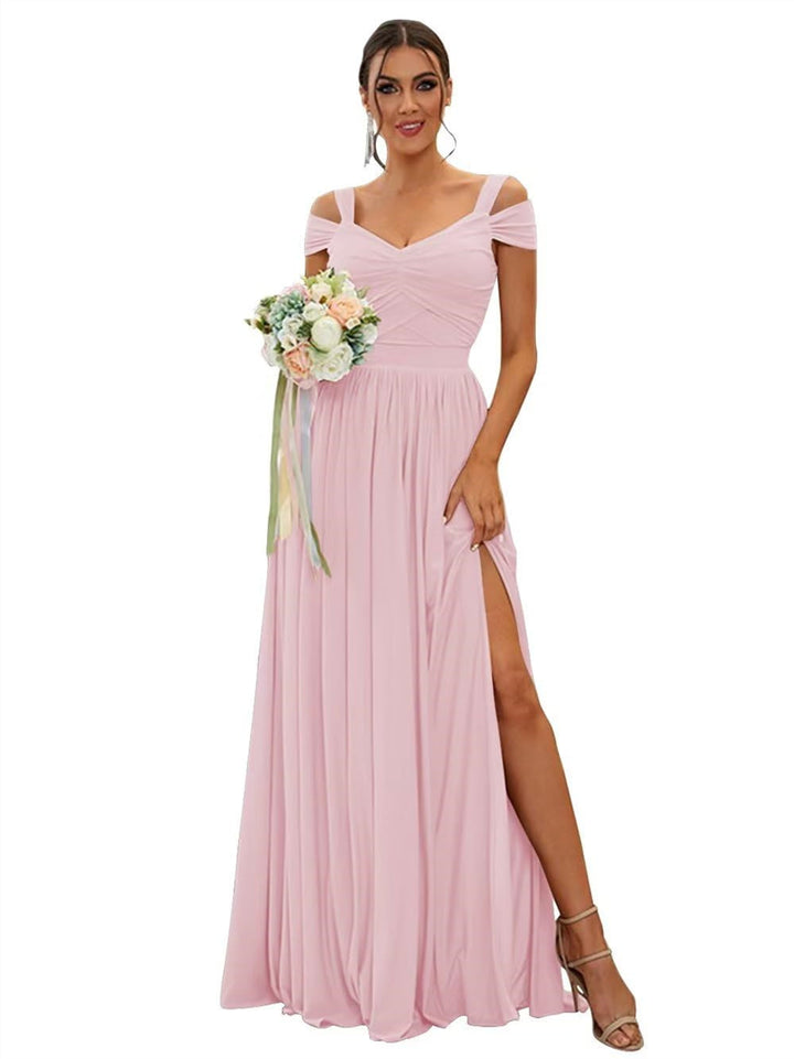 Ligne A/Princesse Hors de l'épaule Sans Manches Floor Length Robes de Demoiselle d'Honneur  Mousseline avec Froufrous