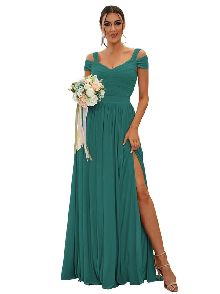 Ligne A/Princesse Hors de l'épaule Sans Manches Floor Length Robes de Demoiselle d'Honneur  Mousseline avec Froufrous
