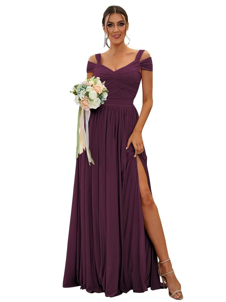 Ligne A/Princesse Hors de l'épaule Sans Manches Floor Length Robes de Demoiselle d'Honneur  Mousseline avec Froufrous