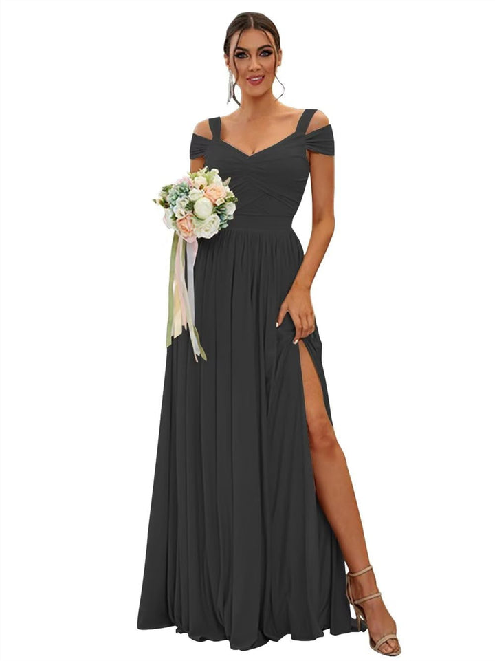 Ligne A/Princesse Hors de l'épaule Sans Manches Floor Length Robes de Demoiselle d'Honneur  Mousseline avec Froufrous
