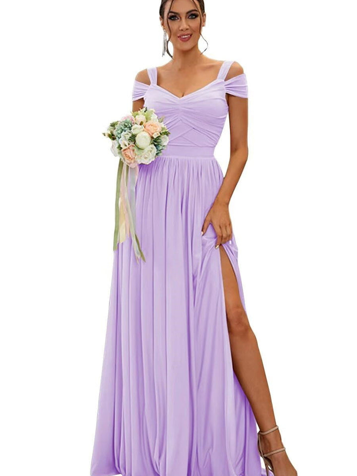 Ligne A/Princesse Hors de l'épaule Sans Manches Floor Length Robes de Demoiselle d'Honneur  Mousseline avec Froufrous
