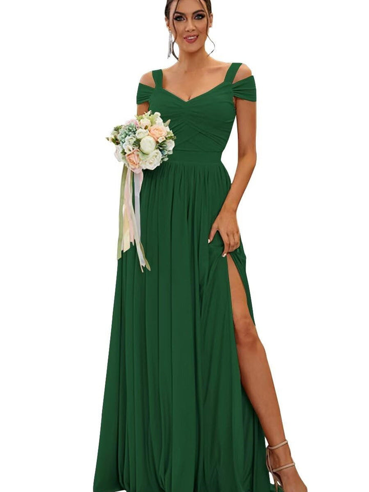 Ligne A/Princesse Hors de l'épaule Sans Manches Floor Length Robes de Demoiselle d'Honneur  Mousseline avec Froufrous