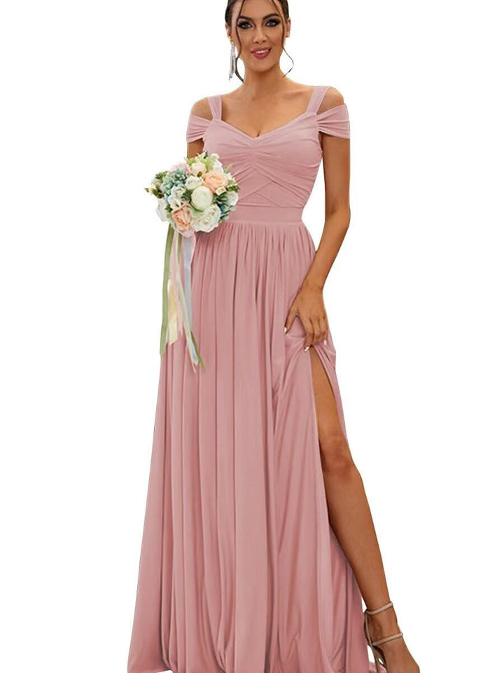 Ligne A/Princesse Hors de l'épaule Sans Manches Floor Length Robes de Demoiselle d'Honneur  Mousseline avec Froufrous