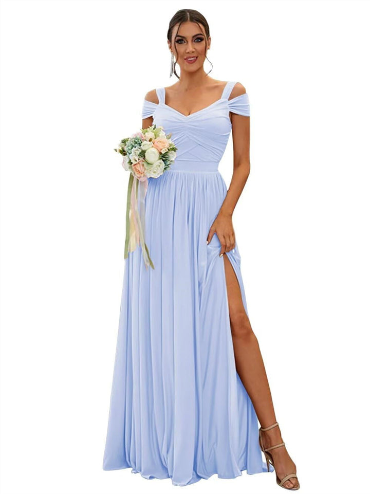 Ligne A/Princesse Hors de l'épaule Sans Manches Floor Length Robes de Demoiselle d'Honneur  Mousseline avec Froufrous