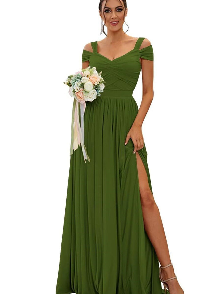 Ligne A/Princesse Hors de l'épaule Sans Manches Floor Length Robes de Demoiselle d'Honneur  Mousseline avec Froufrous