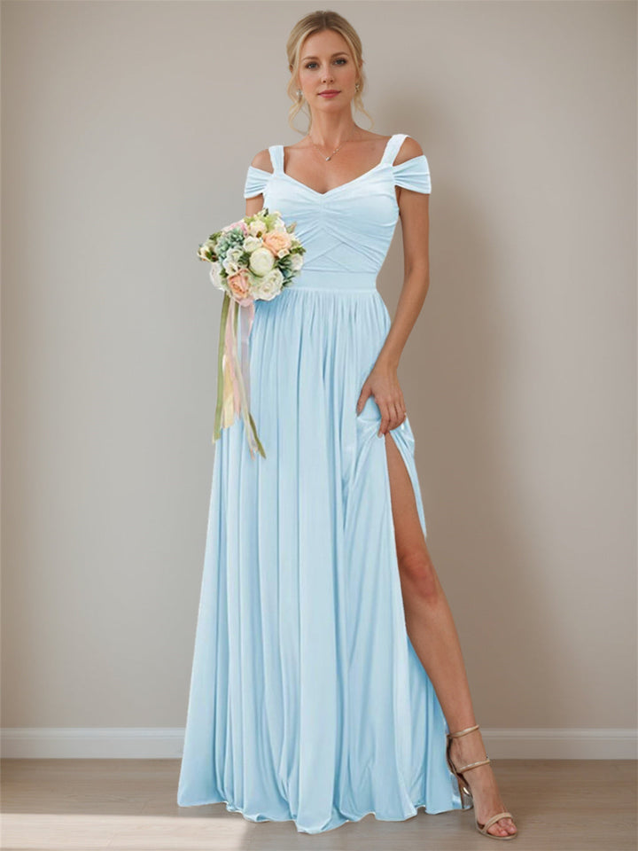 Ligne A/Princesse Hors de l'épaule Sans Manches Floor Length Robes de Demoiselle d'Honneur  Mousseline avec Froufrous