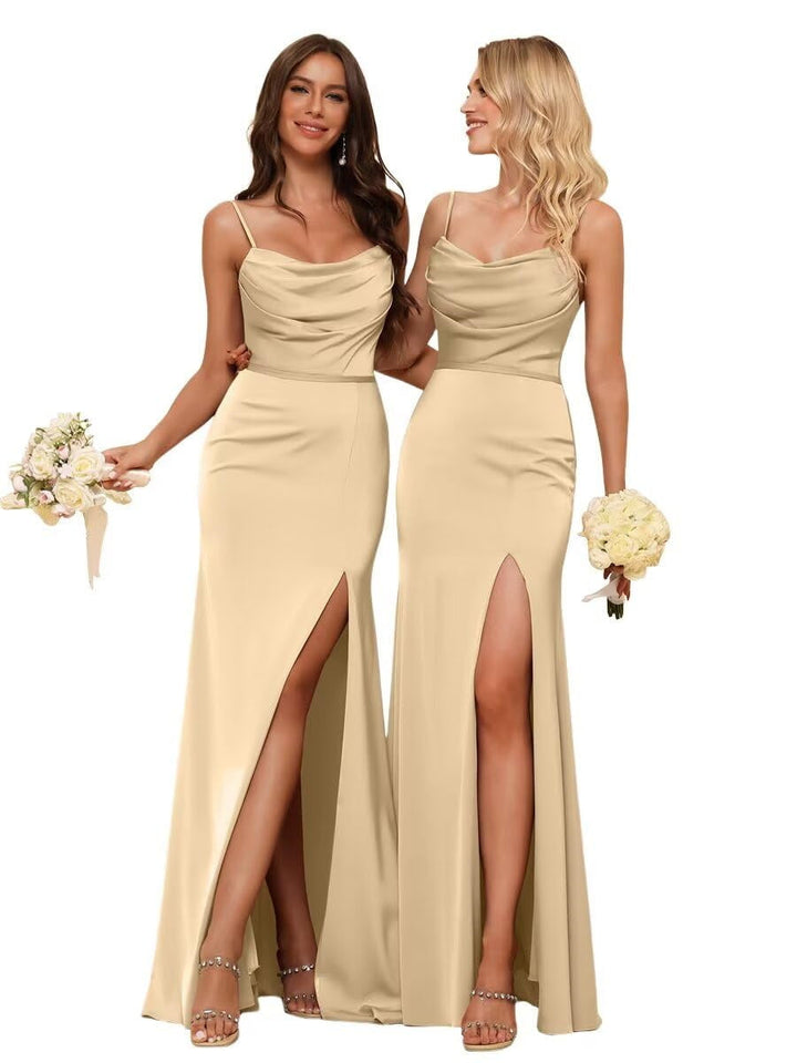 Gaine/Colonne Bretelles Spaghetti  Sans Manches Floor Length Robes de Demoiselle d'Honneur  Satin avec Froufrous Split