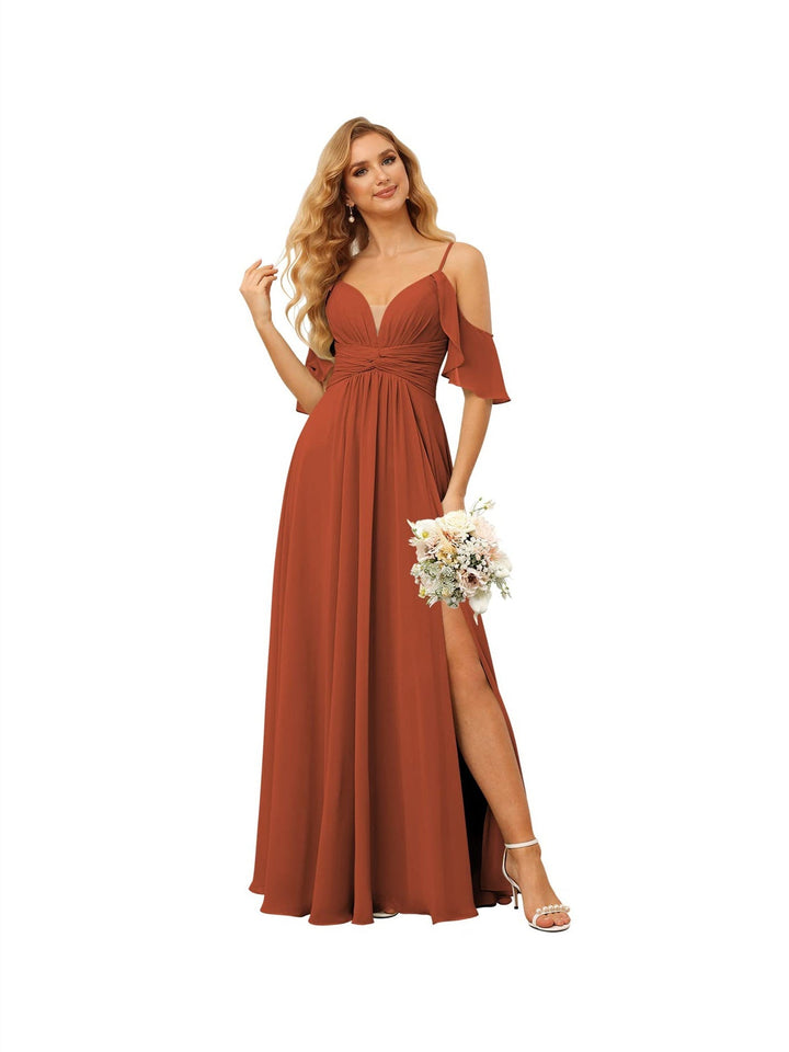 Ligne A/Princesse  Bretelles Spaghetti  Sans Manches Floor Length Robes de Demoiselle d'Honneur  Mousseline avec Froufrous Split