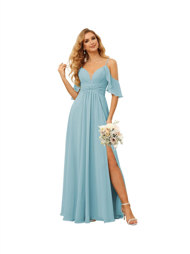 Ligne A/Princesse  Bretelles Spaghetti  Sans Manches Floor Length Robes de Demoiselle d'Honneur  Mousseline avec Froufrous Split