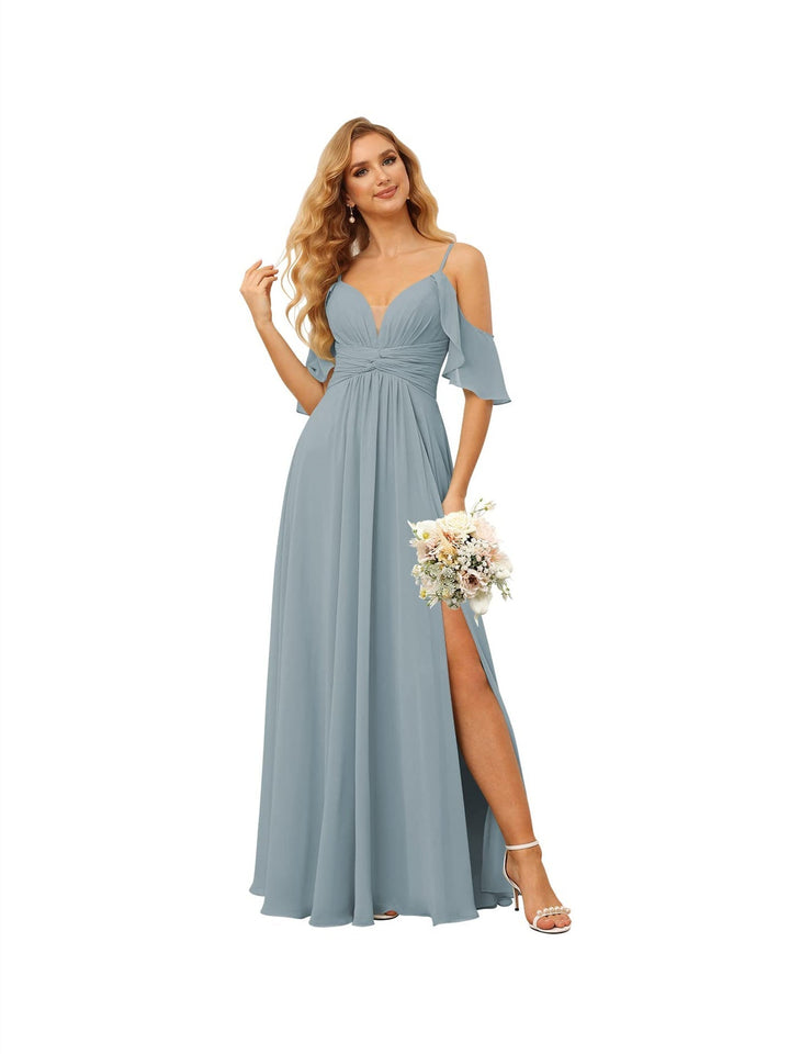 Ligne A/Princesse  Bretelles Spaghetti  Sans Manches Floor Length Robes de Demoiselle d'Honneur  Mousseline avec Froufrous Split