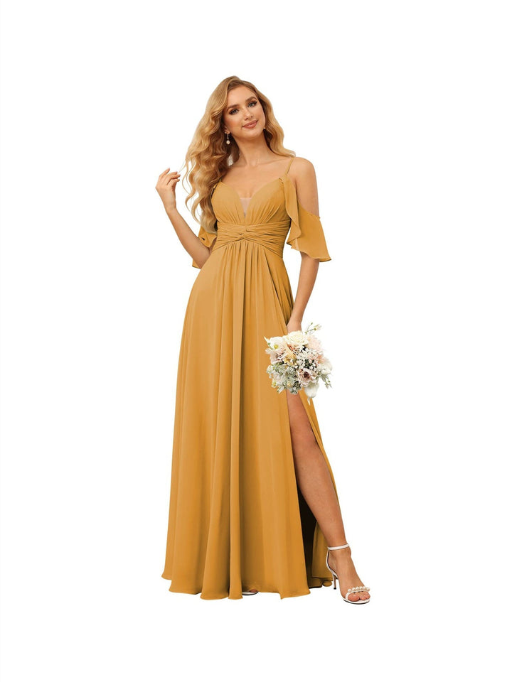 Ligne A/Princesse  Bretelles Spaghetti  Sans Manches Floor Length Robes de Demoiselle d'Honneur  Mousseline avec Froufrous Split