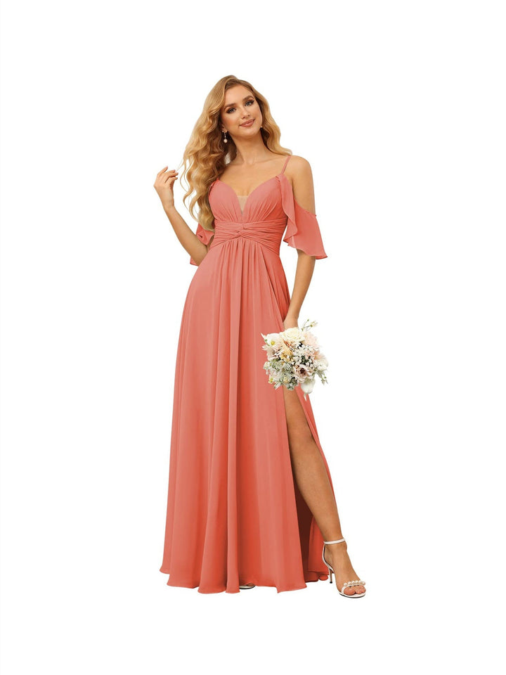 Ligne A/Princesse  Bretelles Spaghetti  Sans Manches Floor Length Robes de Demoiselle d'Honneur  Mousseline avec Froufrous Split