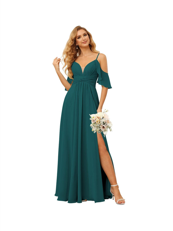 Ligne A/Princesse  Bretelles Spaghetti  Sans Manches Floor Length Robes de Demoiselle d'Honneur  Mousseline avec Froufrous Split