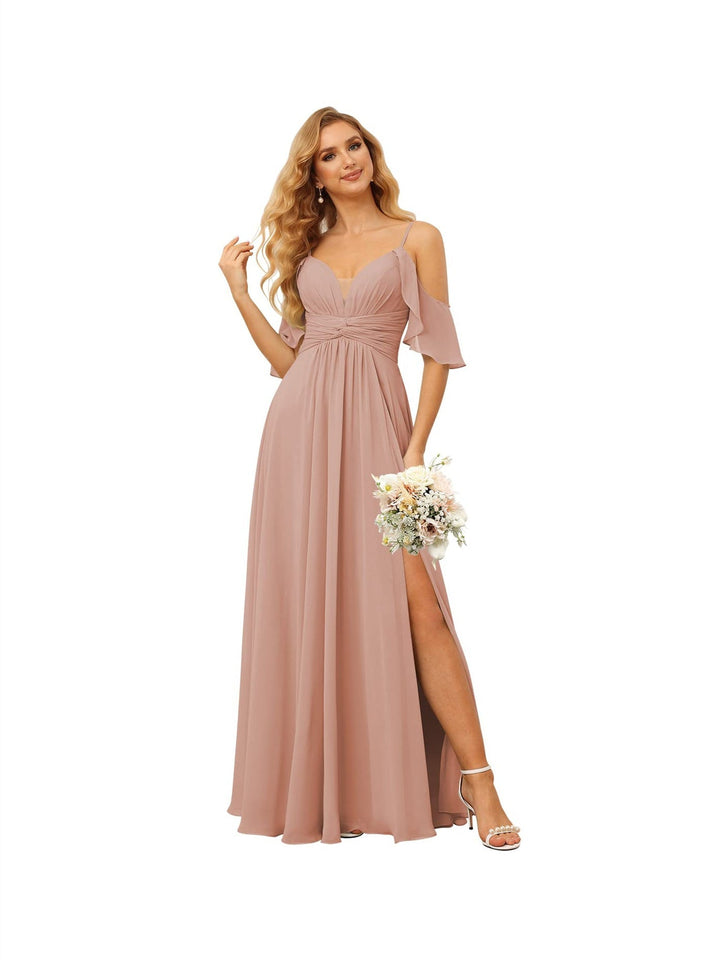 Ligne A/Princesse  Bretelles Spaghetti  Sans Manches Floor Length Robes de Demoiselle d'Honneur  Mousseline avec Froufrous Split
