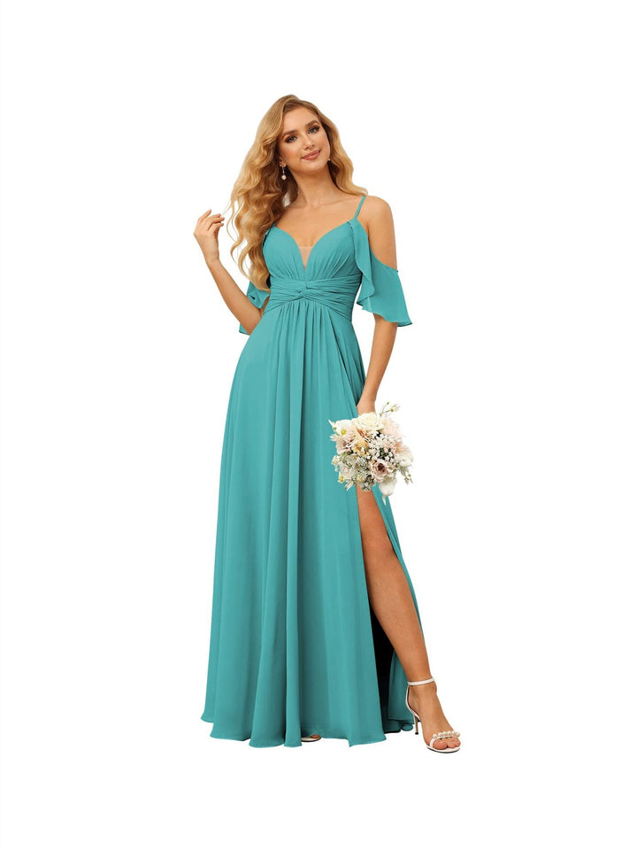 Ligne A/Princesse  Bretelles Spaghetti  Sans Manches Floor Length Robes de Demoiselle d'Honneur  Mousseline avec Froufrous Split