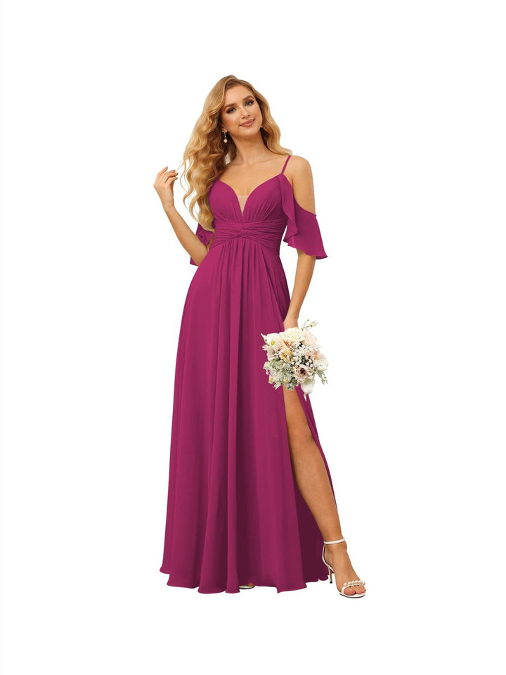 Ligne A/Princesse  Bretelles Spaghetti  Sans Manches Floor Length Robes de Demoiselle d'Honneur  Mousseline avec Froufrous Split