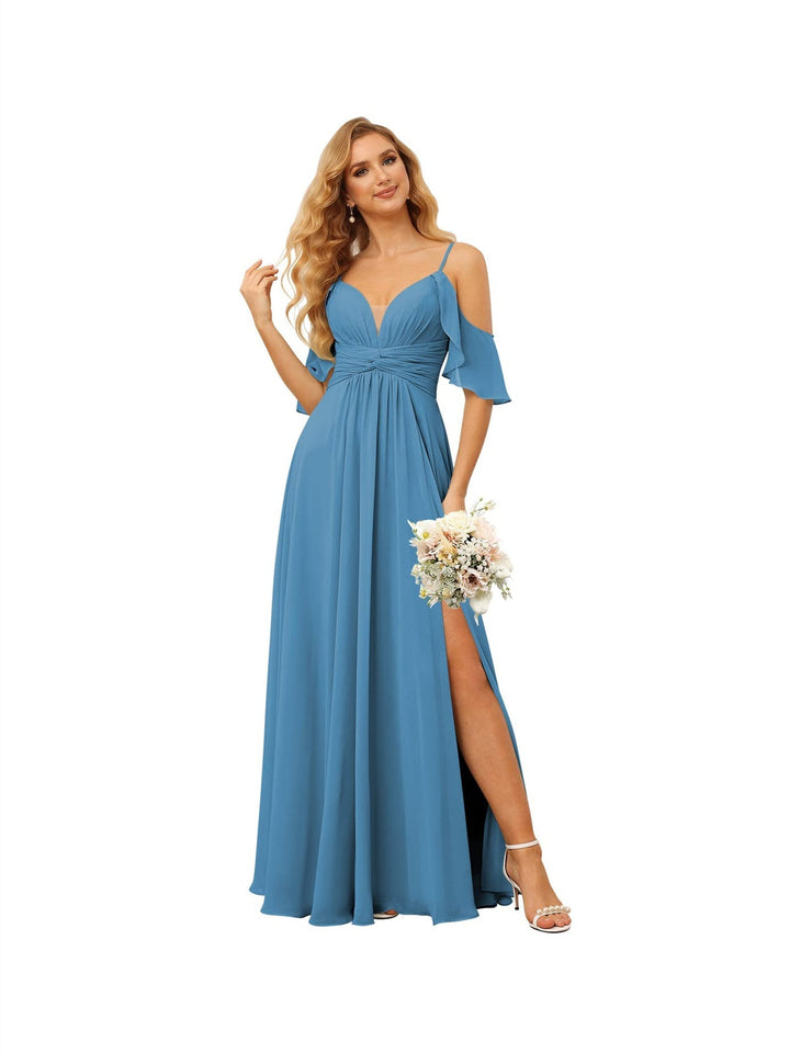 Ligne A/Princesse  Bretelles Spaghetti  Sans Manches Floor Length Robes de Demoiselle d'Honneur  Mousseline avec Froufrous Split