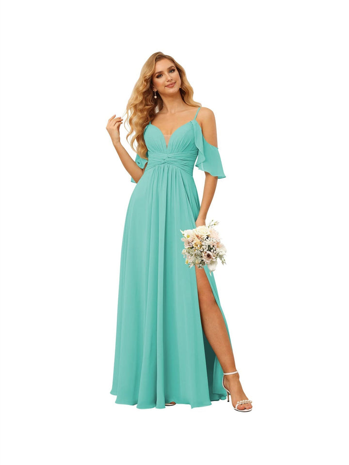 Ligne A/Princesse  Bretelles Spaghetti  Sans Manches Floor Length Robes de Demoiselle d'Honneur  Mousseline avec Froufrous Split