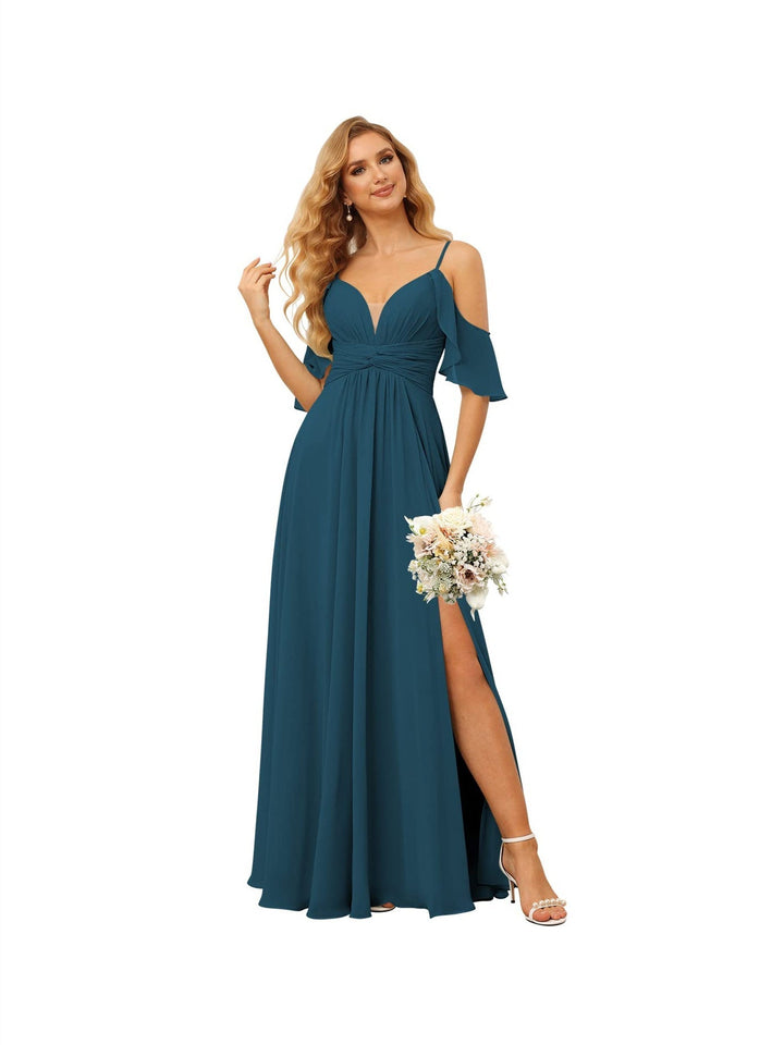 Ligne A/Princesse  Bretelles Spaghetti  Sans Manches Floor Length Robes de Demoiselle d'Honneur  Mousseline avec Froufrous Split