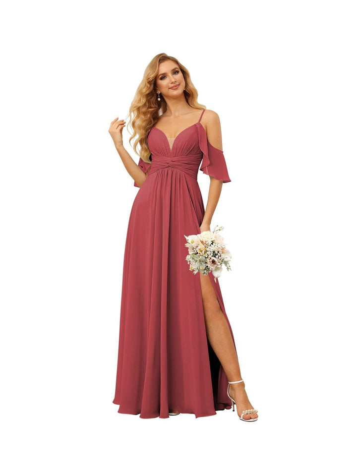 Ligne A/Princesse  Bretelles Spaghetti  Sans Manches Floor Length Robes de Demoiselle d'Honneur  Mousseline avec Froufrous Split